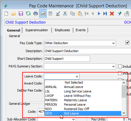 Payroll Code Maintenance - General tab (cut down)