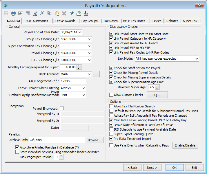 Payroll Configuration - General tab
