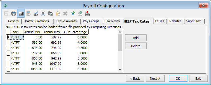 Payroll Configuration - HELP Tax Rates tab