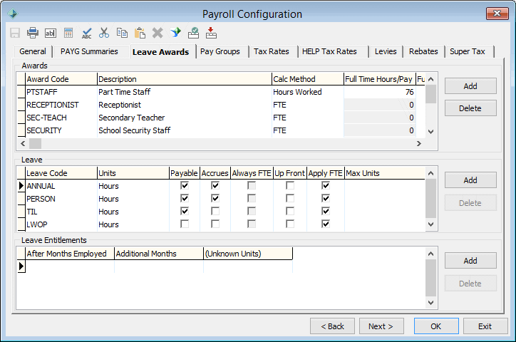 Payroll Configuration - Leave Awards tab