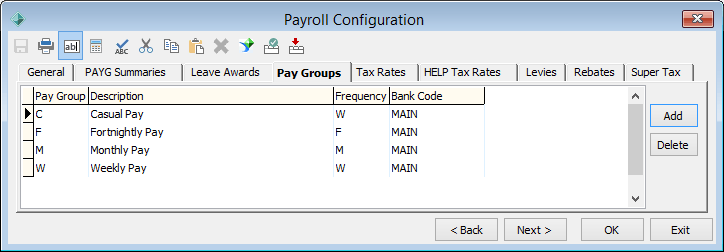 Payroll Configuration - Pay Groups tab
