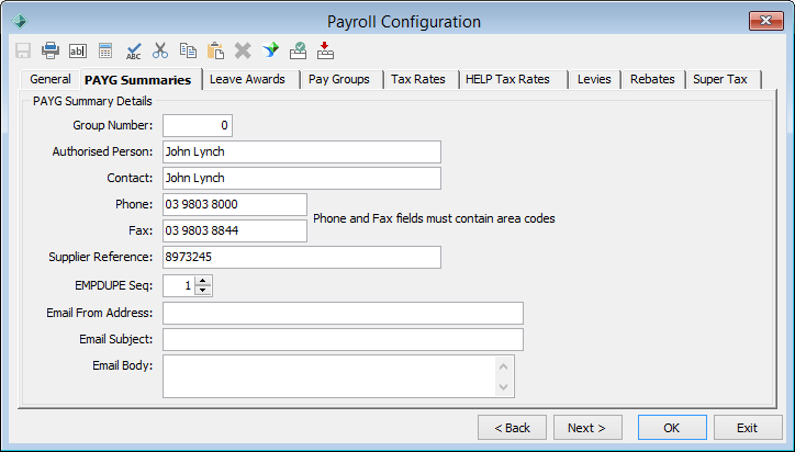 Payroll Configuration - PAYG Summaries tab
