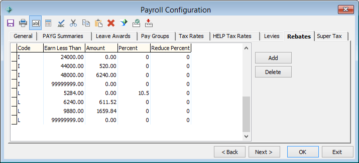 Payroll Configuration - Rebates tab