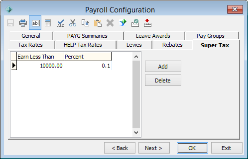 Payroll Configuration - Super Tax tab