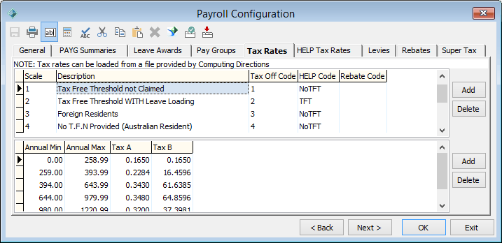Payroll Configuration - Tax Rates tab
