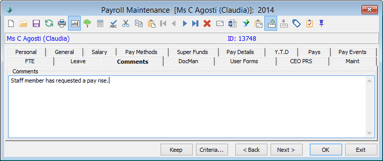 Payroll Maintenance - Comments tab