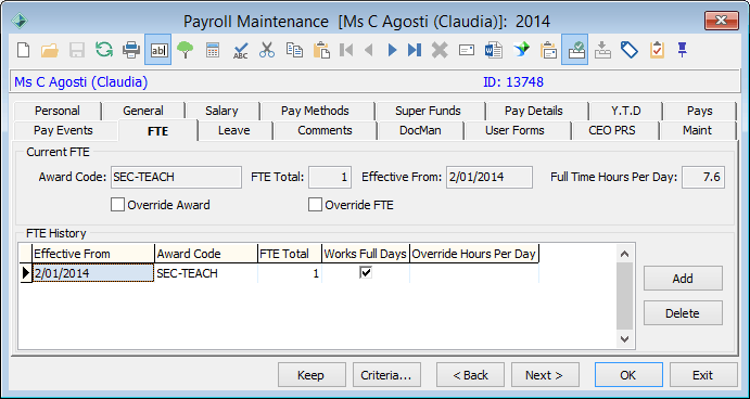 Payroll Maintenance - FTE tab