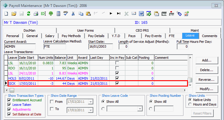 Payroll Employee Maintenance - Leave tab (cut down, leave transaction highlighted