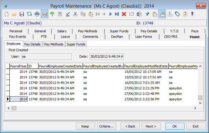 Payroll Maintenance - Maint tab