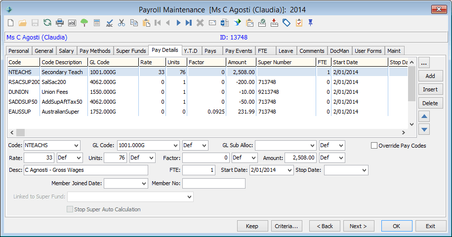 Payroll Maintenance - Pay Details tab