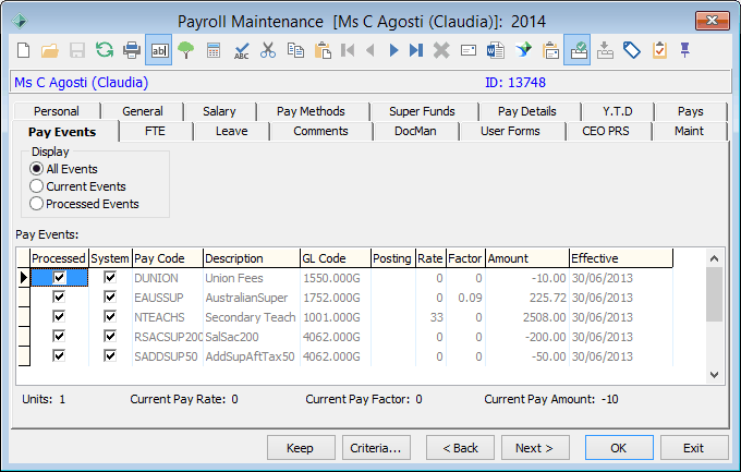 Payroll Employee Maintenance - Pay Events tab