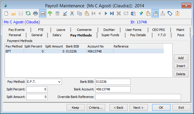 Payroll Maintenance - Pay Methods tab