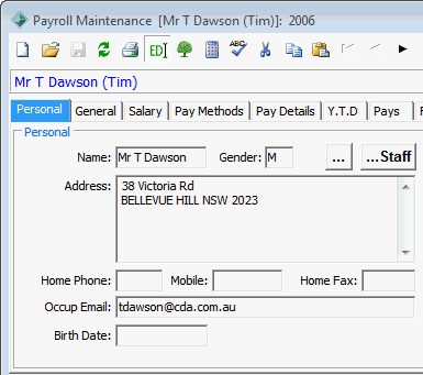 Payroll Employee Maintenance - Personal tab (cut down)