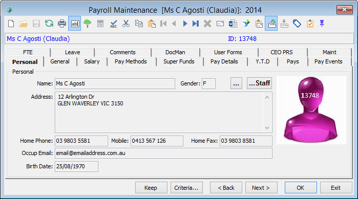 Payroll Maintenance - Personal tab