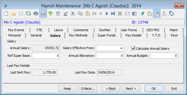 Payroll Maintenance - Salary tab