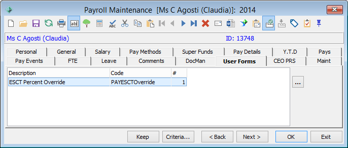 Payroll Maintenance - User Forms tab