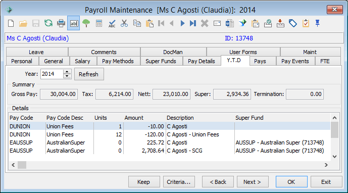 Payroll Maintenance - Y.T.D tab