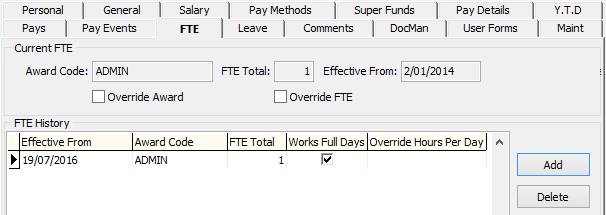 Payroll Maintenance - FTE tab (cut down)