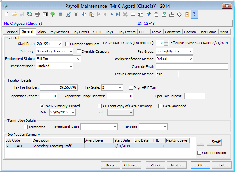 Payroll Maintenance - General tab