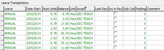Payroll Maintenance - Leave tab (Leave Transactions grid area)