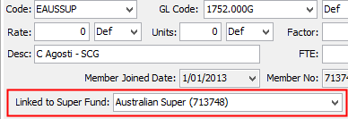 Payroll Maintenance - Pay Details tab (Linked to super fund field highlighted)