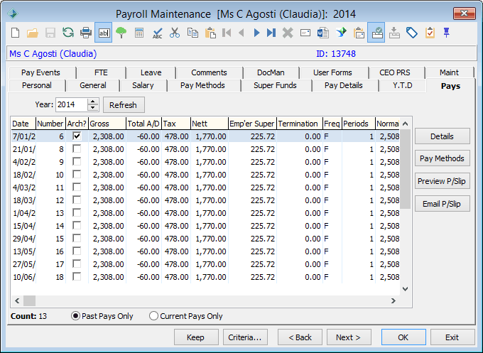Payroll Maintenance - Pays tab