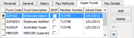 Payroll Maintenance - Super Funds tab (cut-down)