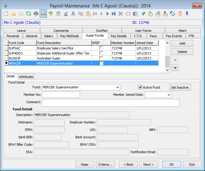 Payroll maintenance - Super funds tab - Attributes sub-tab