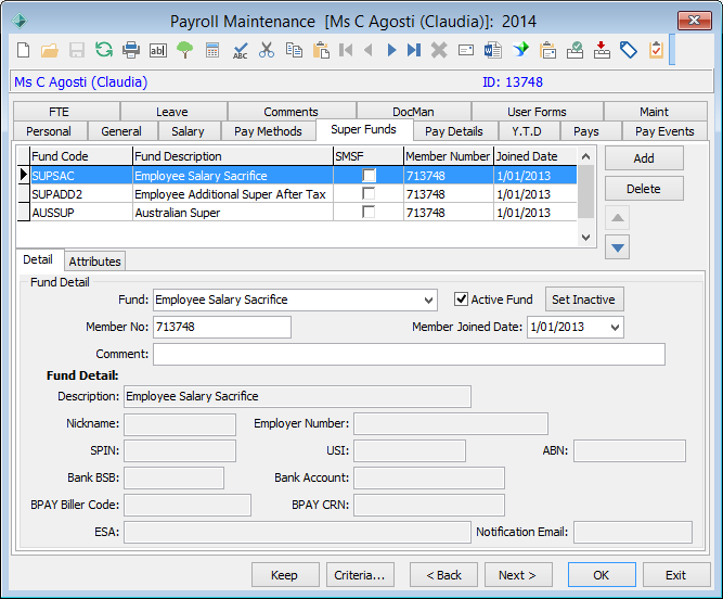 Payroll maintenance - Super funds tab - Details sub-tab