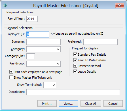 Payroll Master File Listing window