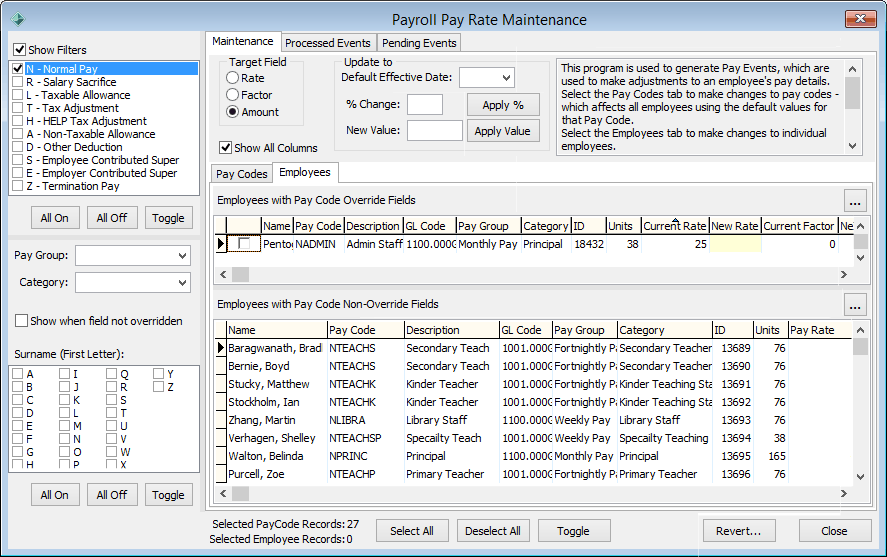 Payroll Pay Rate Maintenance - Employees tab
