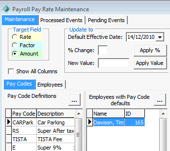 Payroll Pay Rate Maintenance - Maintenance tab (cut down)