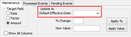 Payroll Pay Rate Maintenance - Maintenance tab (cut down, Default Effective Date highlighed)