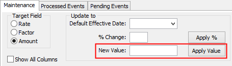 Payroll Pay Rate Maintenance - Maintenance tab (cut down, New Value highlighed)