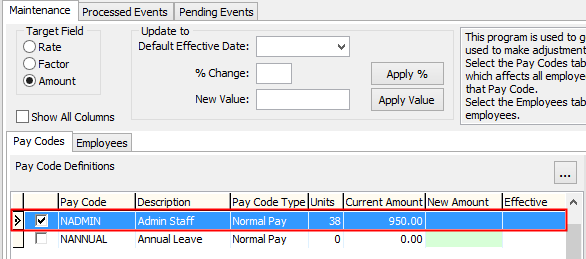 Payroll Pay Rate Maintenance - Maintenance tab (cut down, Pay Code selection highlighed)