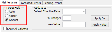 Payroll Pay Rate Maintenance - Maintenance tab (cut down, Target Field highlighed)