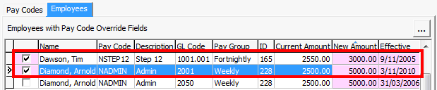 Payroll Pay Rate Maintenance - Maintenance tab - Employees sub-tab (cut down, Pay Code selection highlighed)