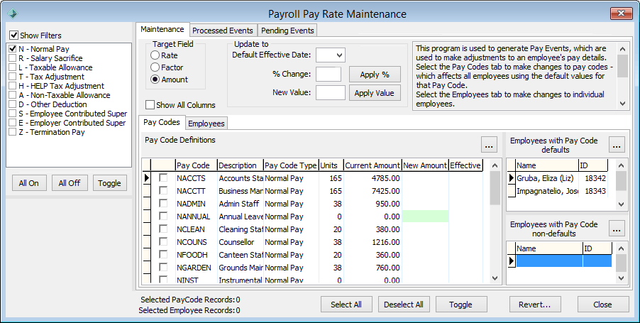 Payroll Pay Rate Maintenance - Maintenance tab - Pay Codes sub-tab