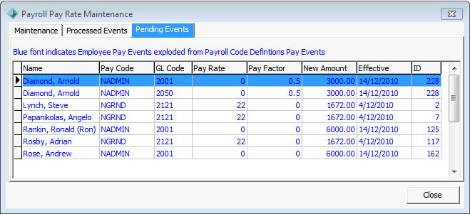 Payroll Pay Rate Maintenance - Pending Events tab