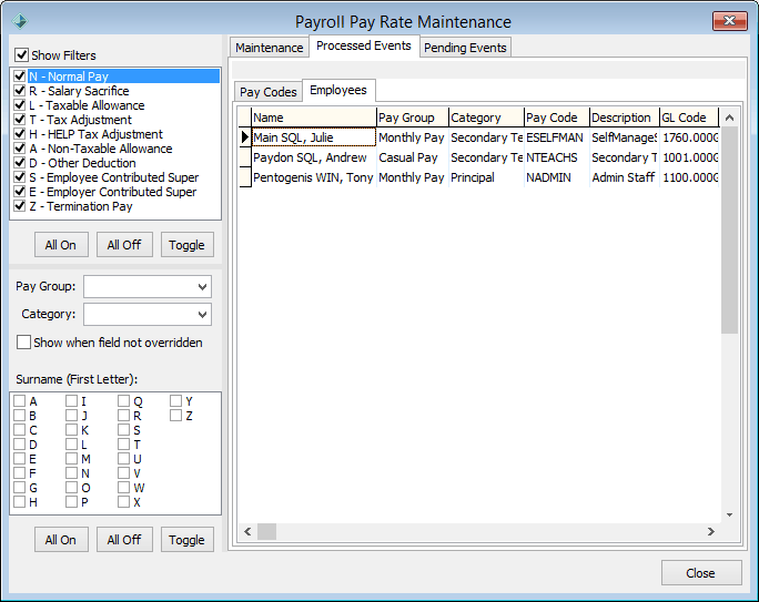 Payroll Pay Rate Maintenance - Processed Events tab - Employees sub-tab