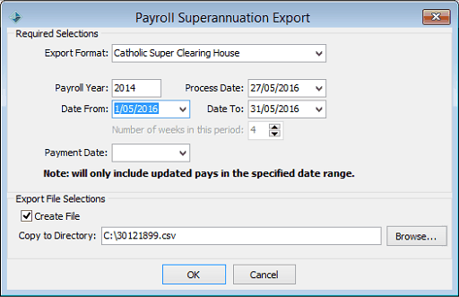 Payroll Superannuation Export window