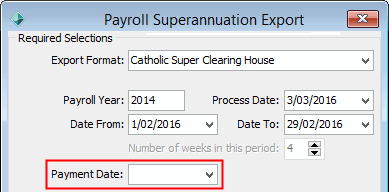 Payroll Superannuation Export window (Payment date field highlighted, cut-down)