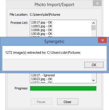 Photo Import/Export window (extract all to files)