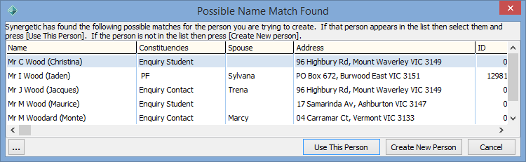 Possible Name Match Found window