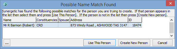 Possible Name Match Found window