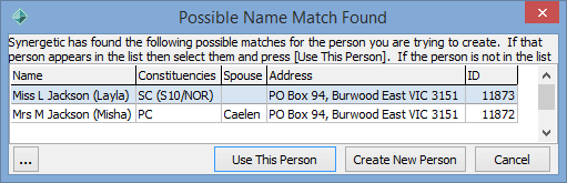 Possible Name Match Found window