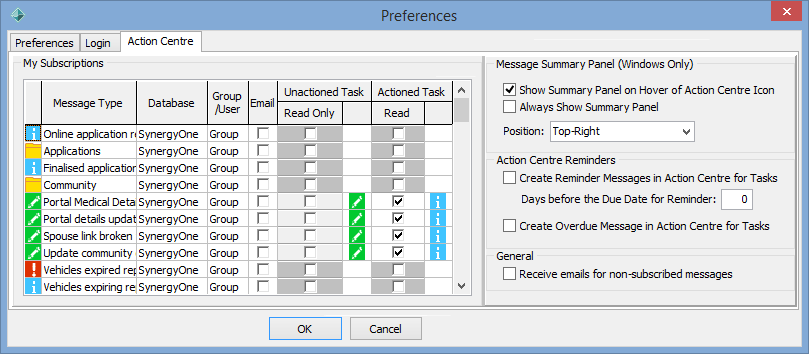 Preferences window - Action centre tab
