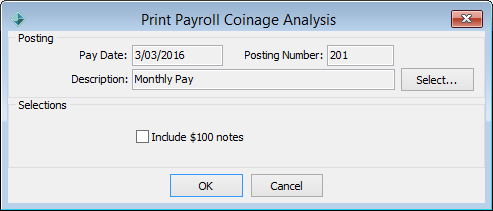 Print Payroll Coinage Analysis window