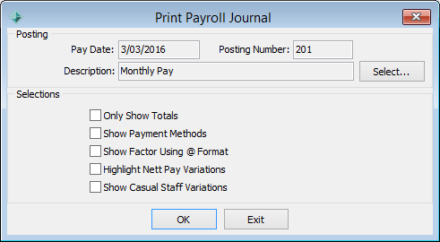 Print Payroll Journal window