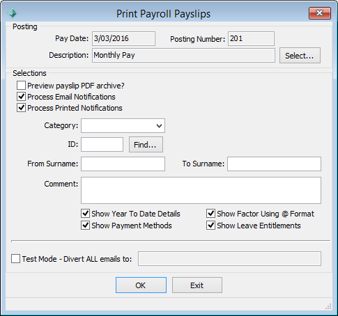 Print Payroll Payslips window